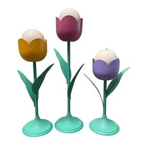 Vintage MidWest Tulip Candle Holders Set 3 Metal Spring Easter Pastel Decor